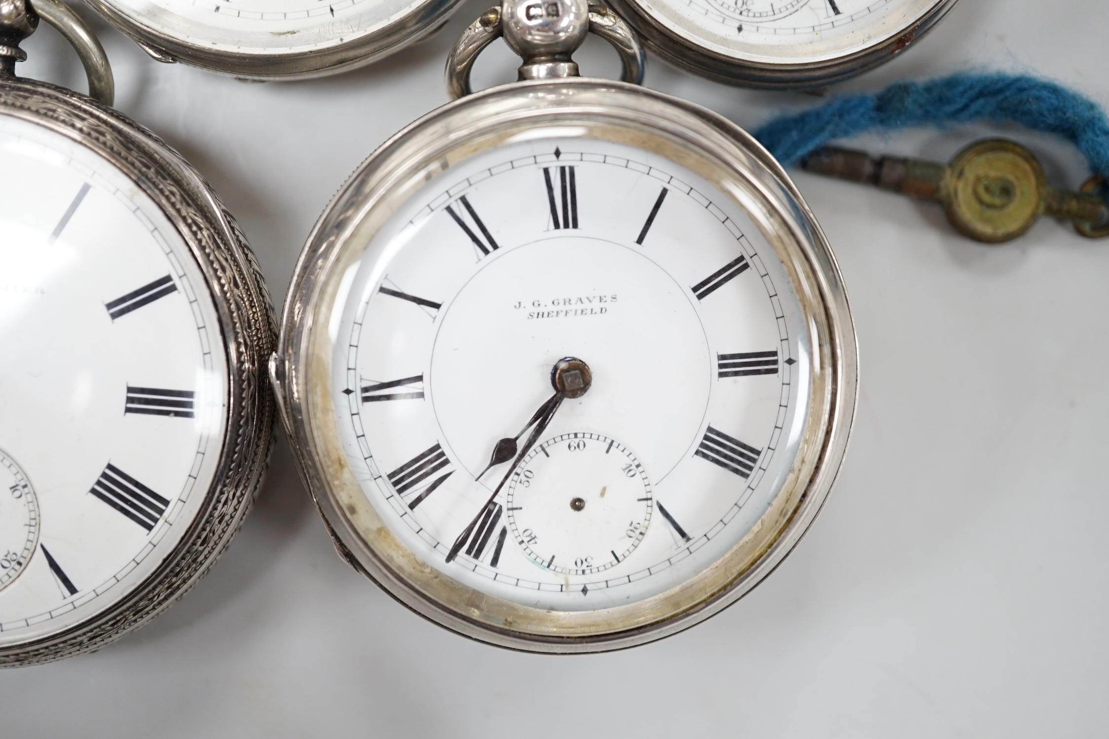 Nine assorted silver or white metal pocket watches including Joseph Stromier and John Forrest.